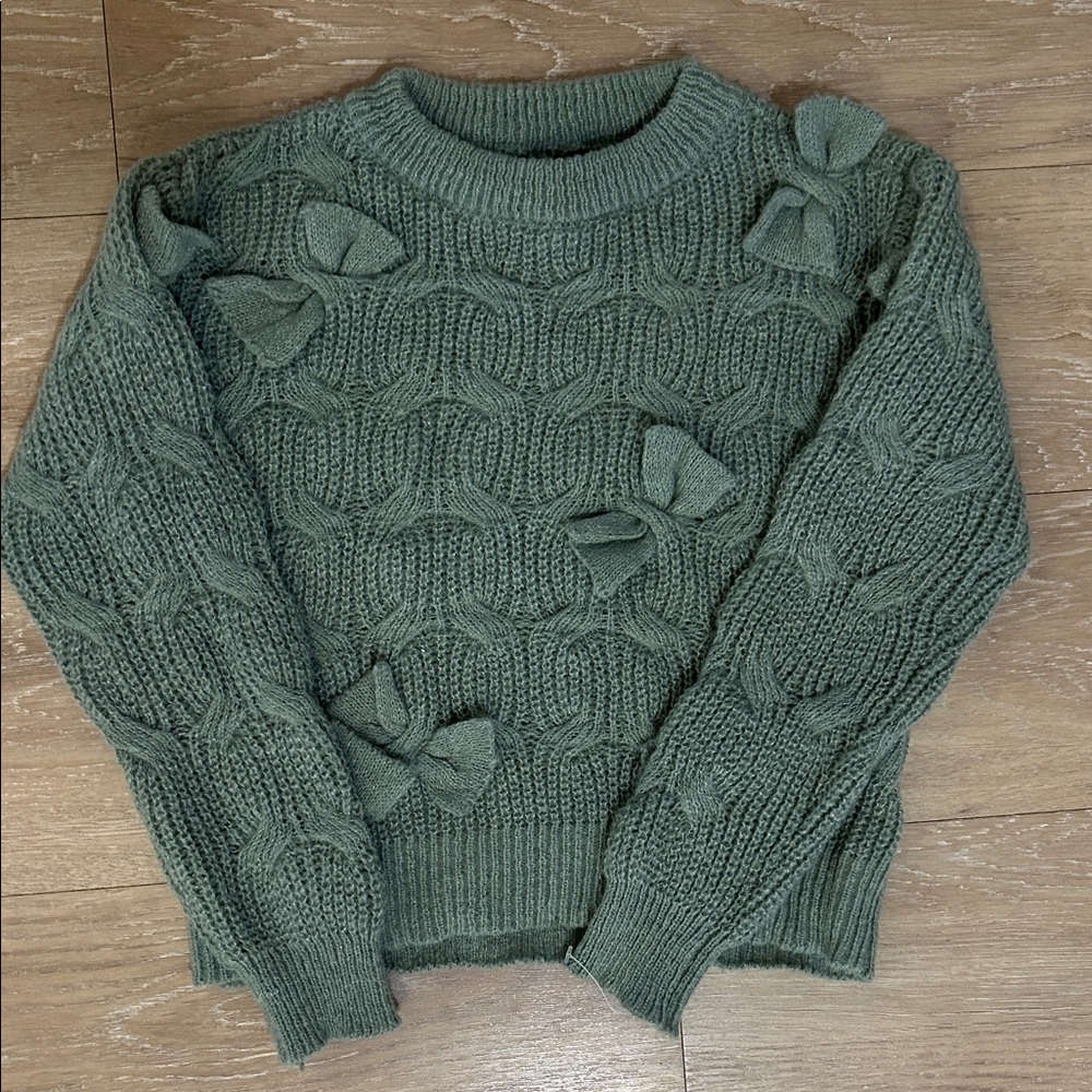 Girls Green Cable Knit bow Sweater